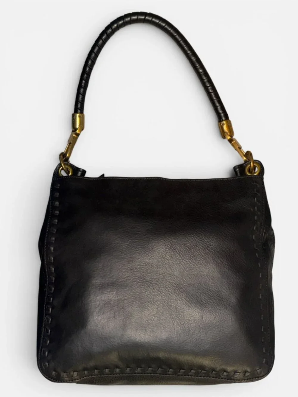 The Sak Collective Estrada Demi Bag Black Leather Brass Whipstitch Shoulder Hobo - Picture 4 of 10